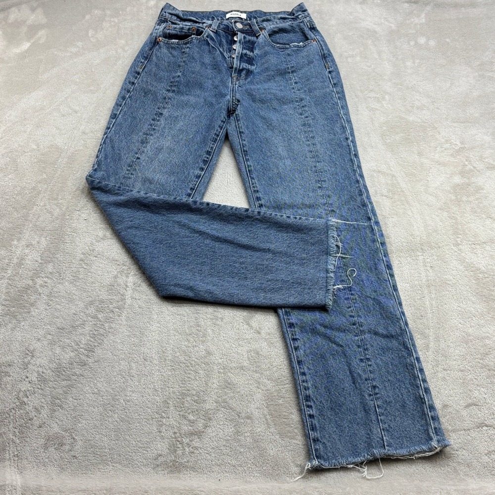 Pistola Straight Leg Jean Women 27 Blue Front Seam Raw Hem Button Fly Y2K Grunge